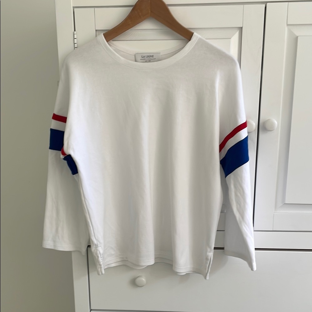 La Ligne long sleeved White Shirt with Red and Blue Stripes
